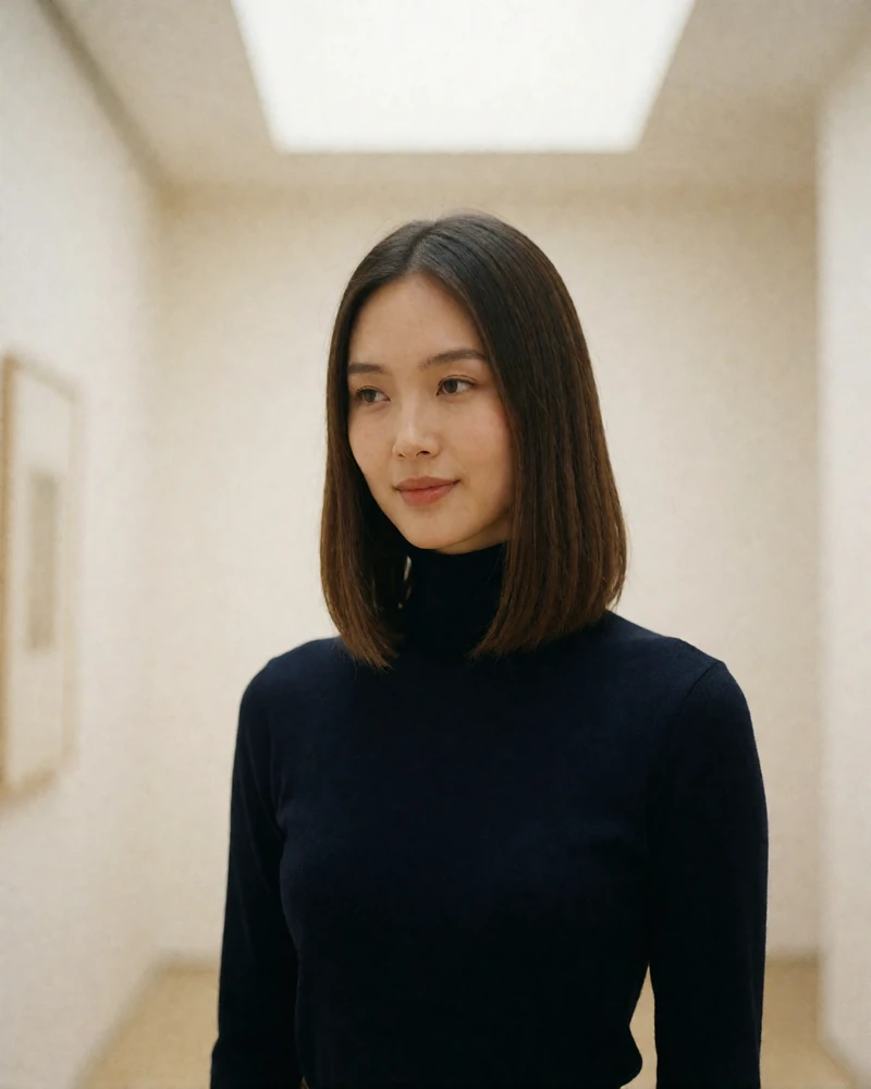 Graceful Mongolian woman in a black turtleneck in a bright minimalist interior
