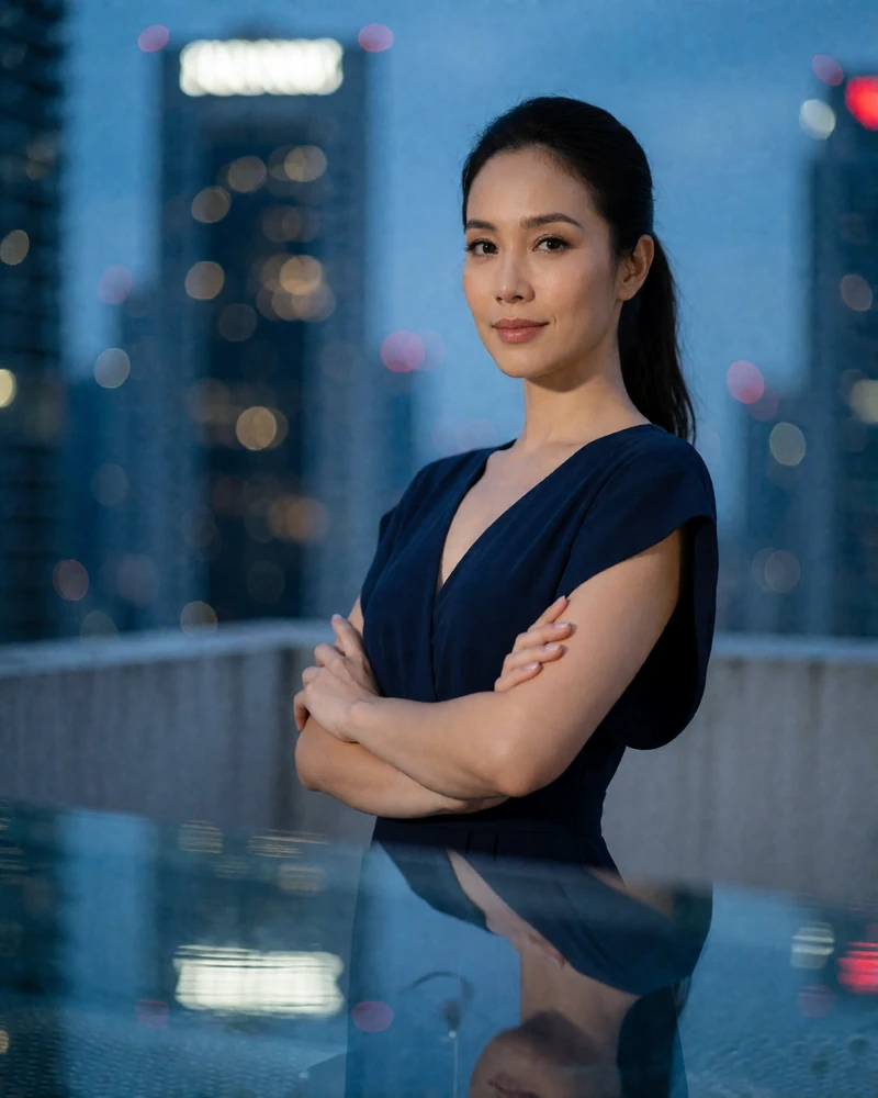 Singaporean woman in her early thirties in a navy dress standing on a rooftop terrace at blue hour
