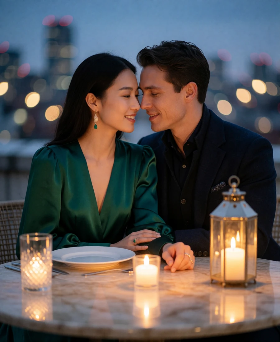 Couple sharing a warm private moment at a rooftop dinner table at dusk