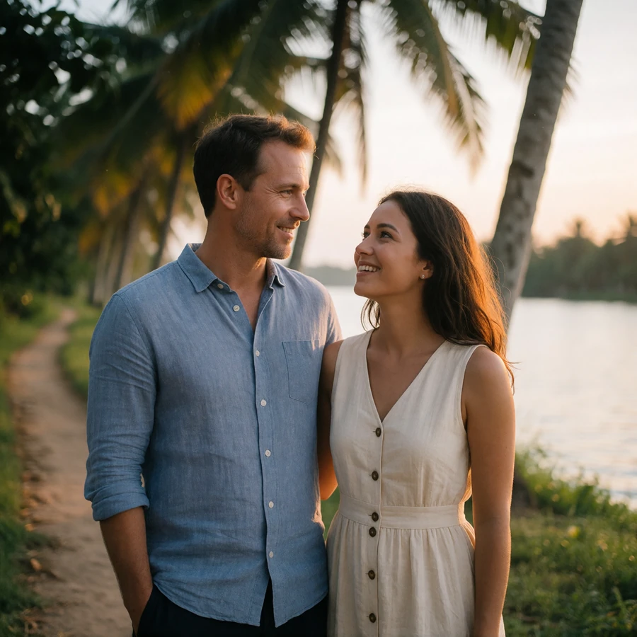 Khmer woman and a Western man in their late thirties walking closely together on a palm-lined riverside path at sunset