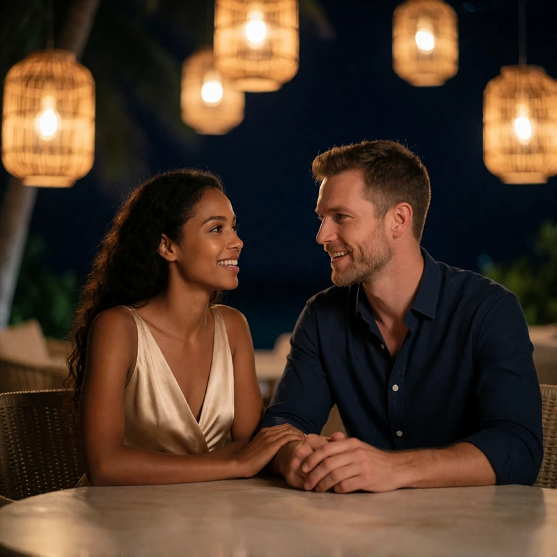 Maldivian woman and Western man seated close at an open-air terrace table in the evening, talking with warm smiles