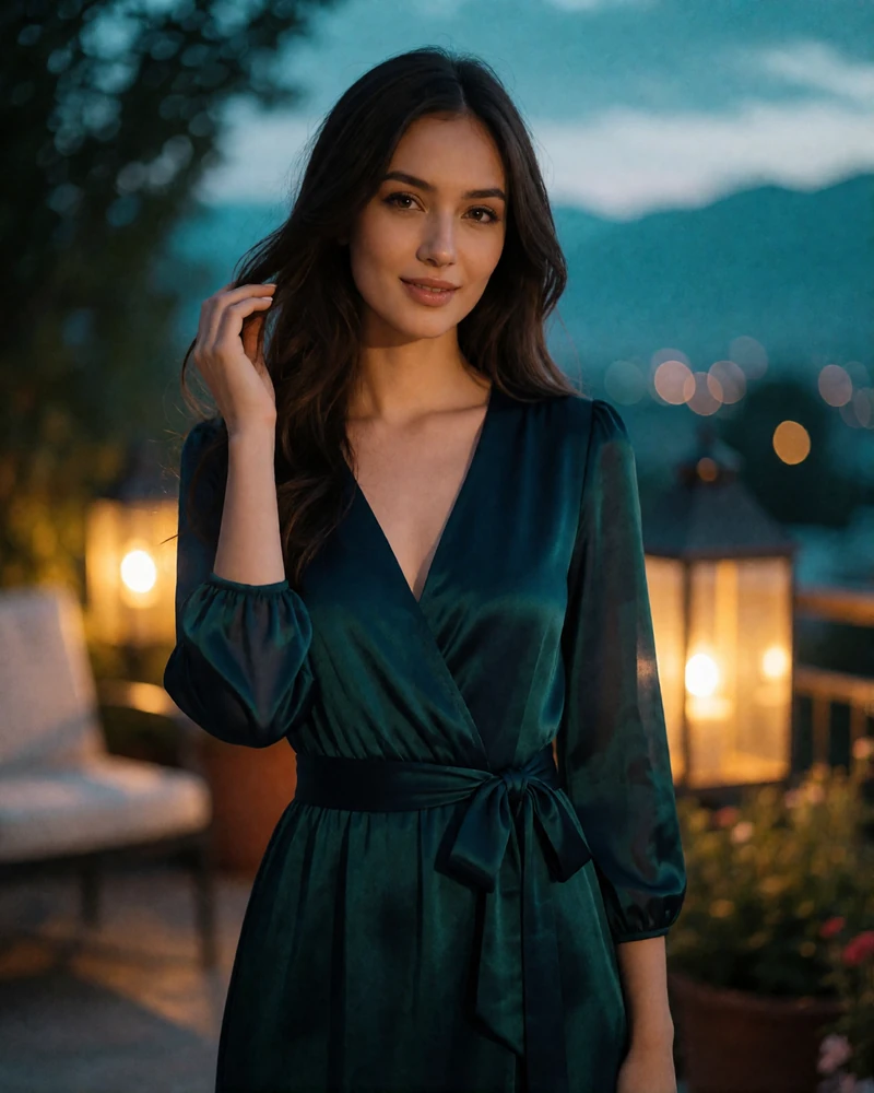 Kyrgyz woman in a deep emerald dress standing on an outdoor terrace at dusk with a gentle smile
