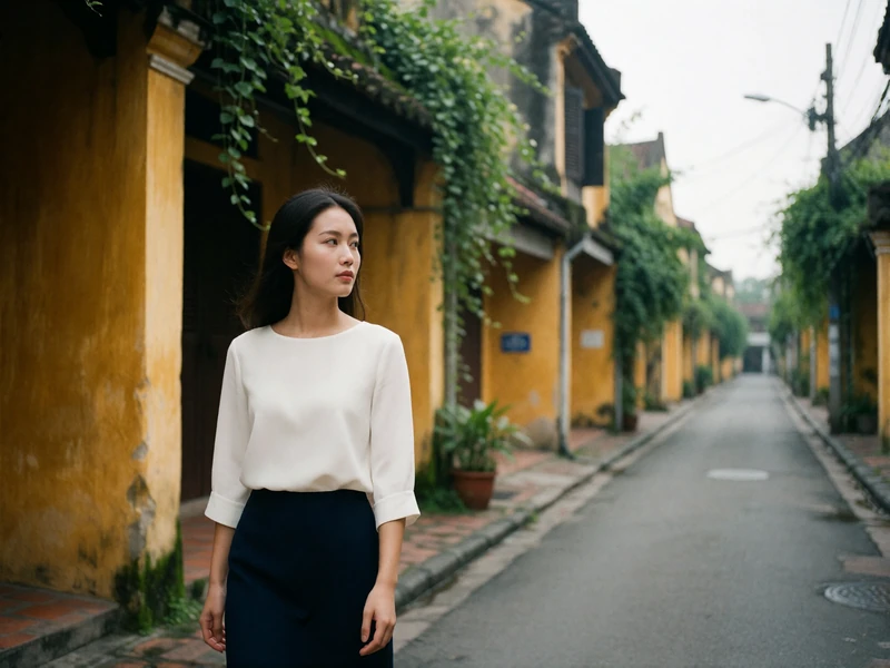 Vietnamese woman in a white blouse walking through a narrow old-quarter street of ochre colonial facades