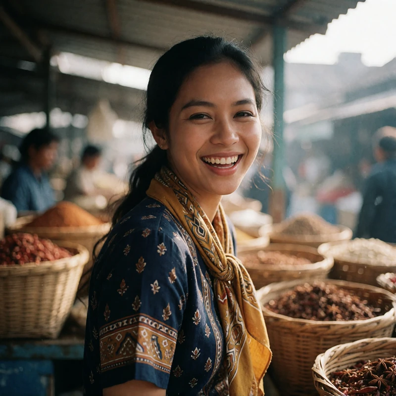 Indonesian woman laughing naturally at a sunlit spice market stall with woven baskets softly blurred behind her