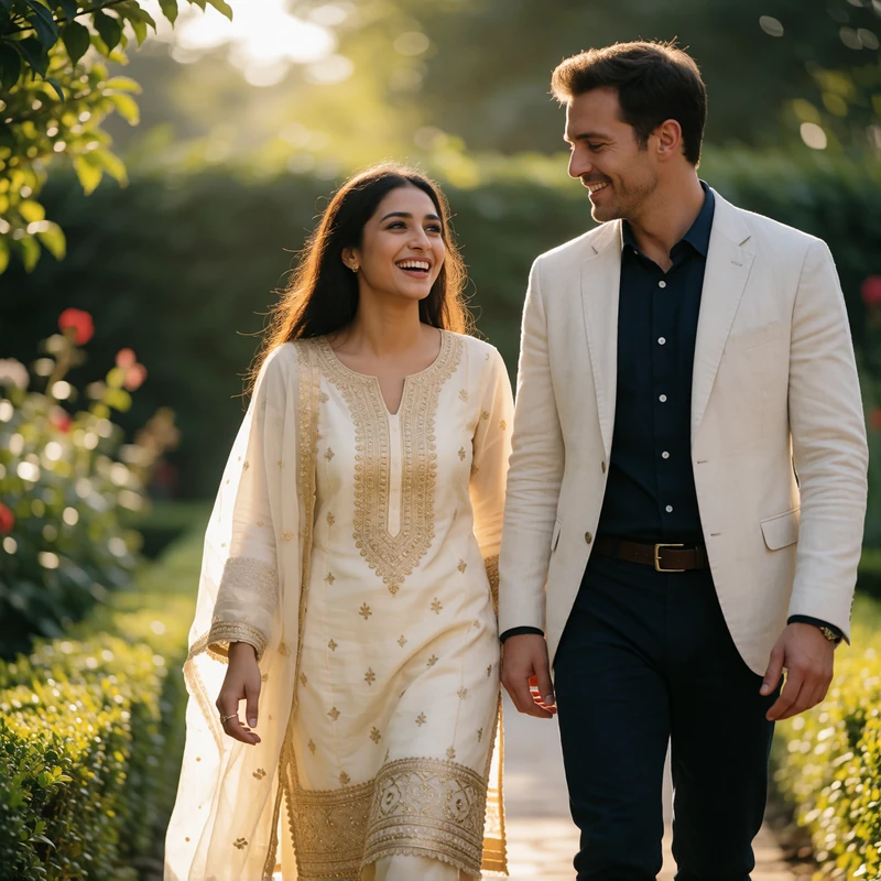 Pakistani woman in a cream and gold kameez laughing beside a Western man in a light blazer on a sunlit garden path