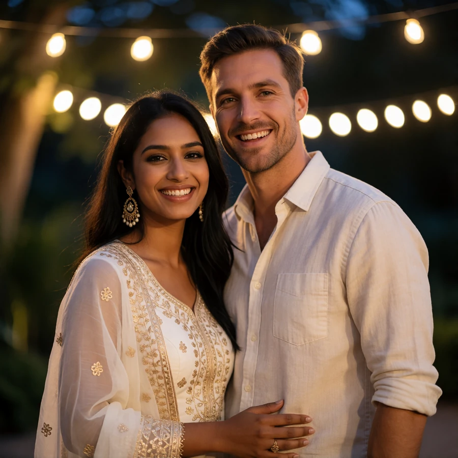 Indian woman in a bright embroidered outfit standing close beside a Western man outdoors at evening with warm string-light bokeh