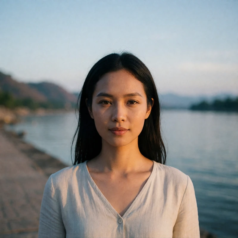 Laotian woman in her late twenties standing on a riverbank promenade at golden hour with a calm smile