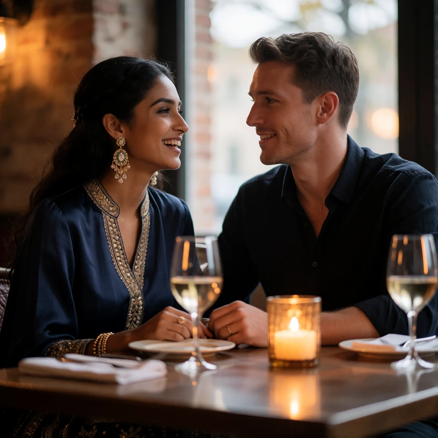 Indian woman in an elegant silk blouse laughing gently across a candlelit restaurant table from a Western man