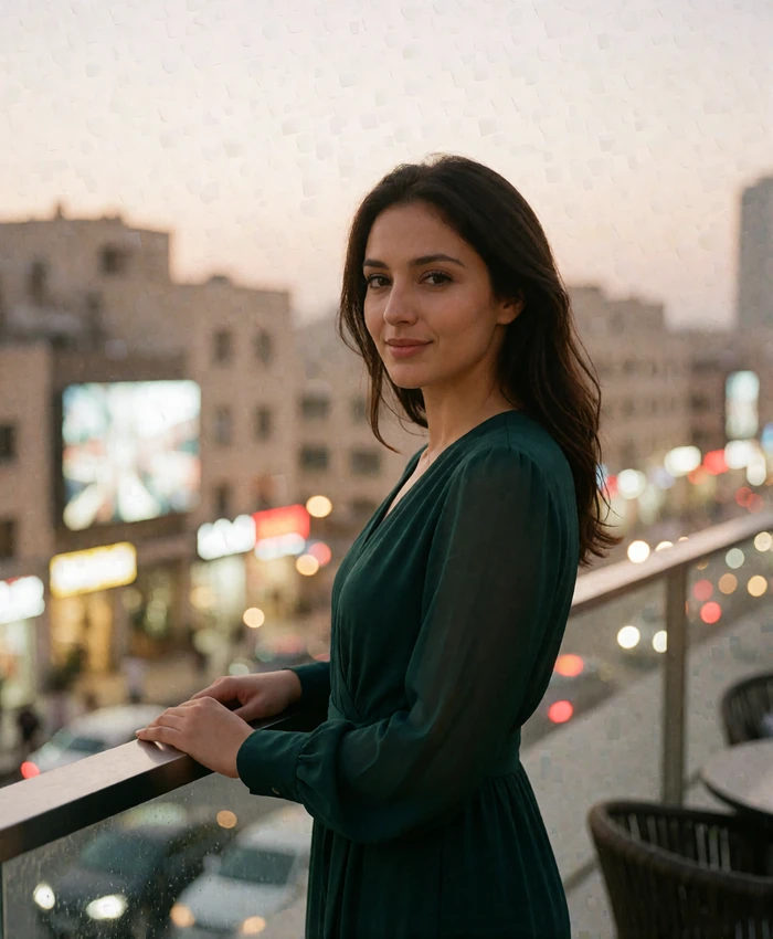 Refined Jordanian woman in a deep emerald dress at a rooftop lounge railing at dusk