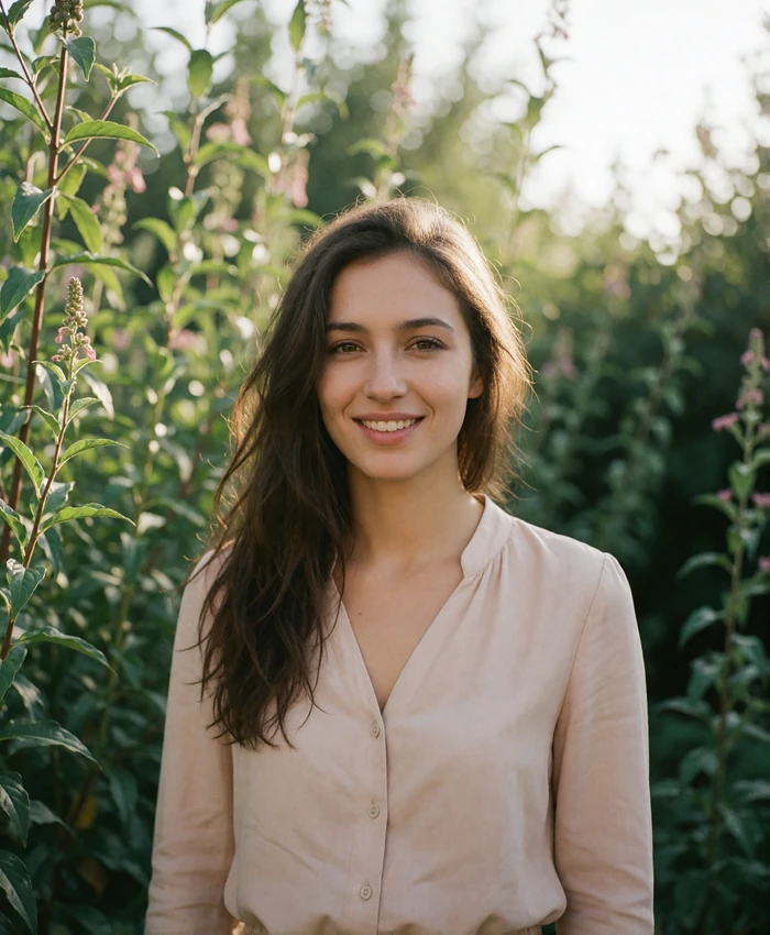 Cheerful Armenian woman in a blush blouse standing among tall garden greenery in late afternoon light