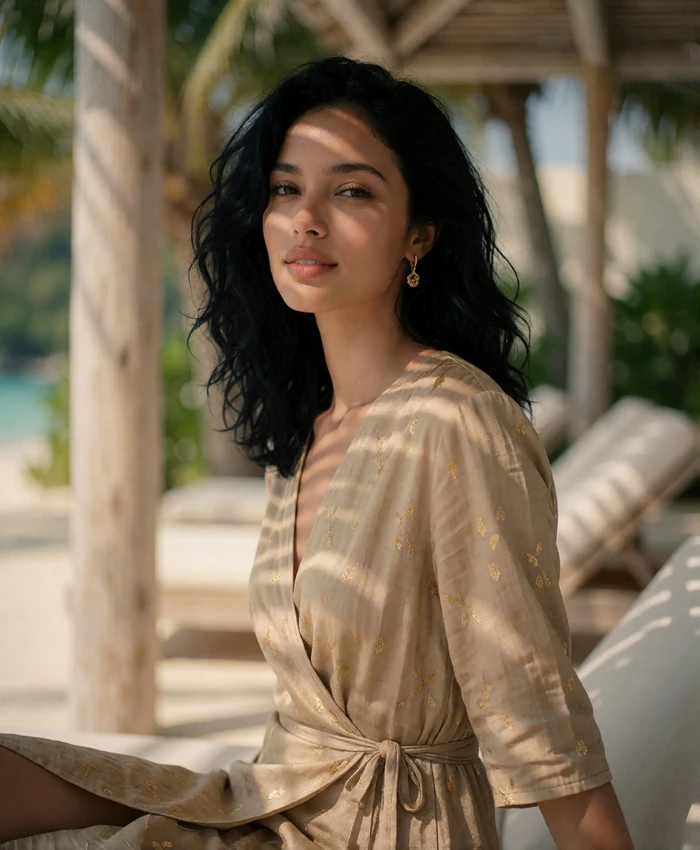 Maldivian woman in a sand-toned wrap dress seated on a shaded resort terrace with a quiet confident smile