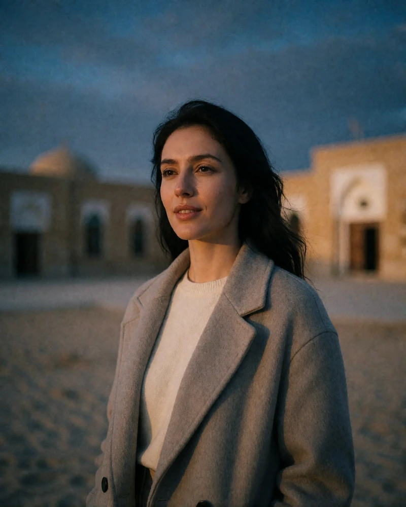 Uzbek woman in her late twenties in a soft grey wool coat standing on a quiet plaza at dusk
