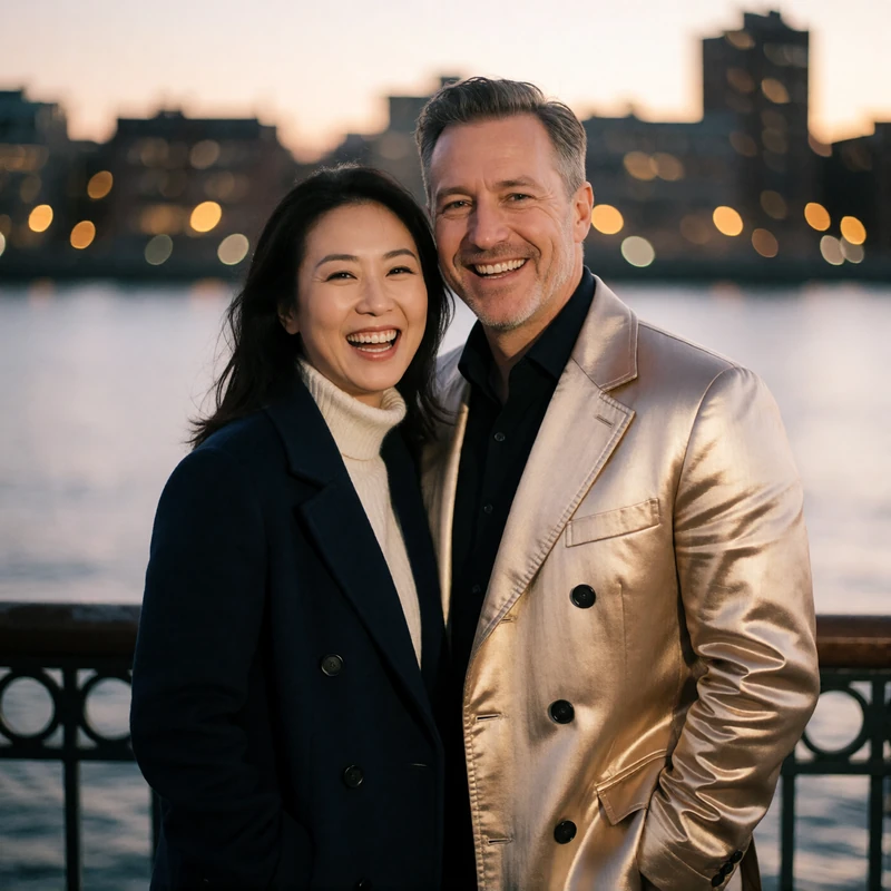 Chinese woman and Western man laughing together on a riverside promenade at dusk with soft city lights behind them