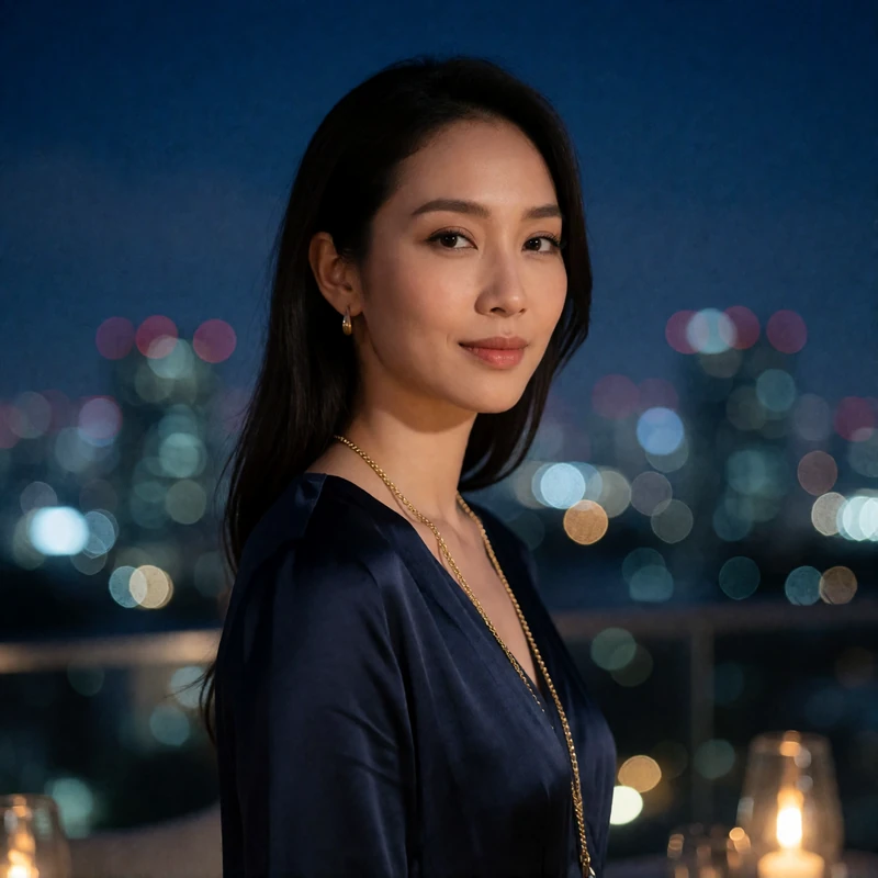 Elegant Thai woman on a rooftop lounge at blue hour wearing a dark silk dress with a thin gold chain