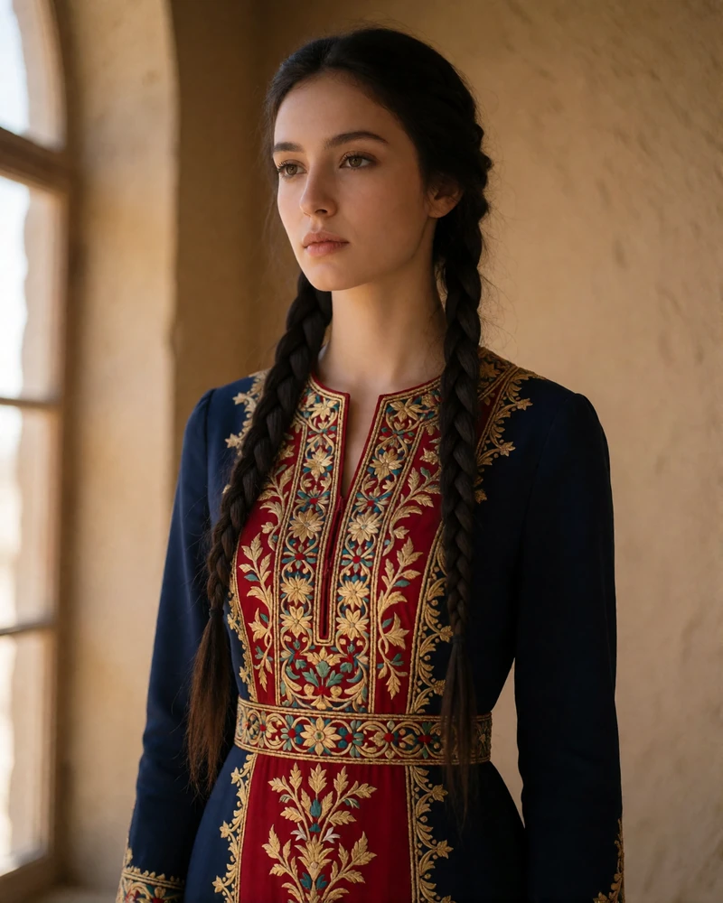 Turkmen woman wearing a deep red dress with dense gold-thread embroidery standing against a plain sand-colored wall
