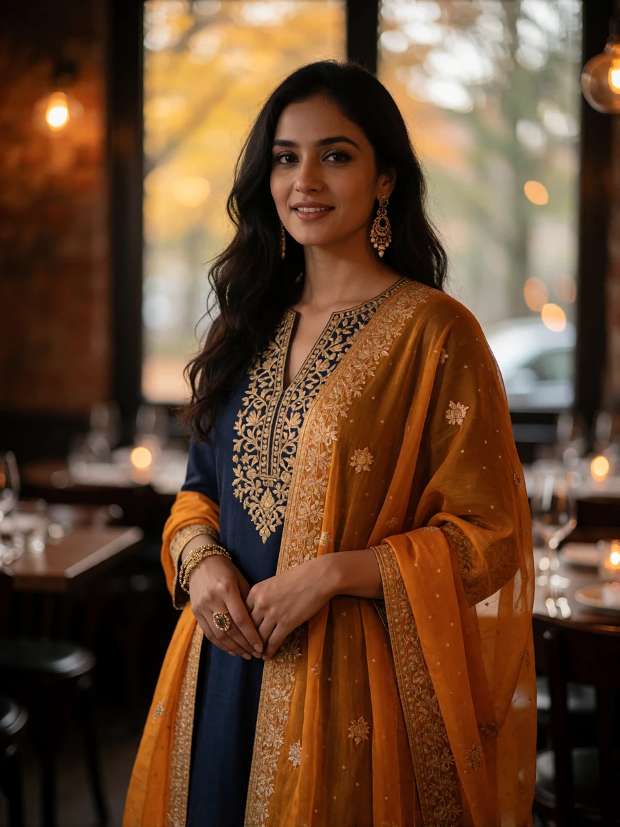 Elegant Indian woman in a deep saffron embroidered outfit smiling warmly inside a candlelit restaurant