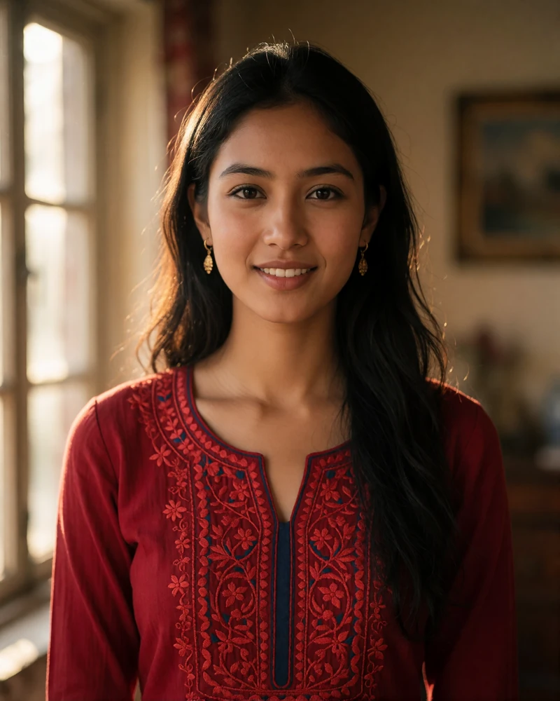 Young Nepalese woman with long dark hair wearing a deep red embroidered kurta and small gold earrings, smiling gently