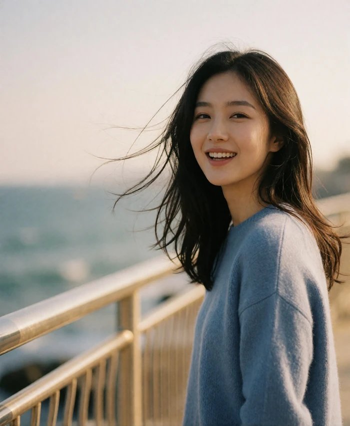 Korean woman standing near a coastal railing with wind moving her hair, glancing toward the camera with a soft laugh