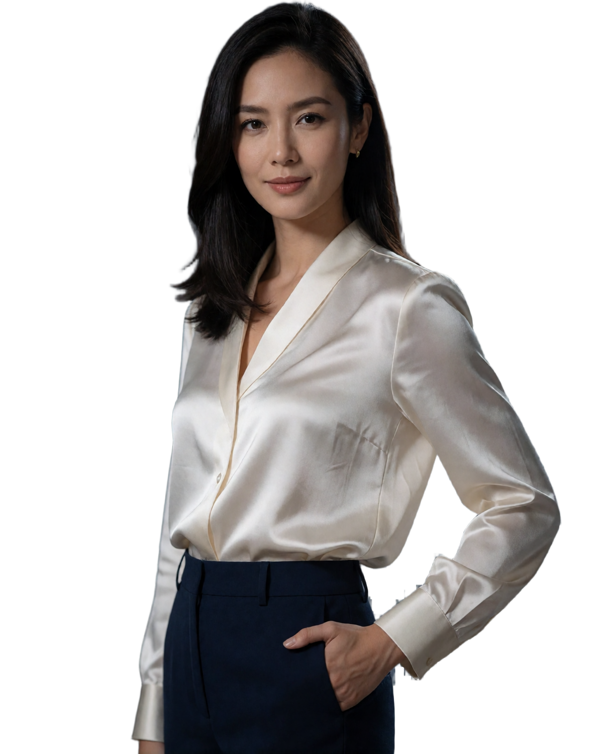 Poised Singaporean woman in an ivory silk blouse and navy trousers standing confidently against a dark night skyline