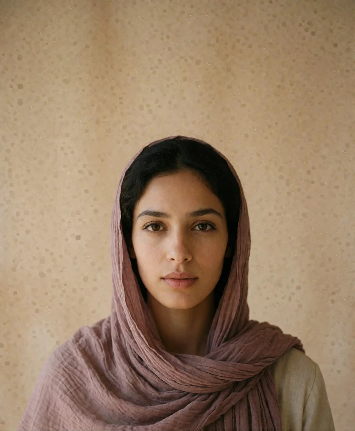 Composed Yemeni woman in a soft mauve headscarf with a calm serene gaze