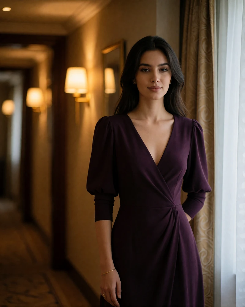 Tajik woman in a deep plum evening dress with a quiet confident smile in a warmly lit corridor