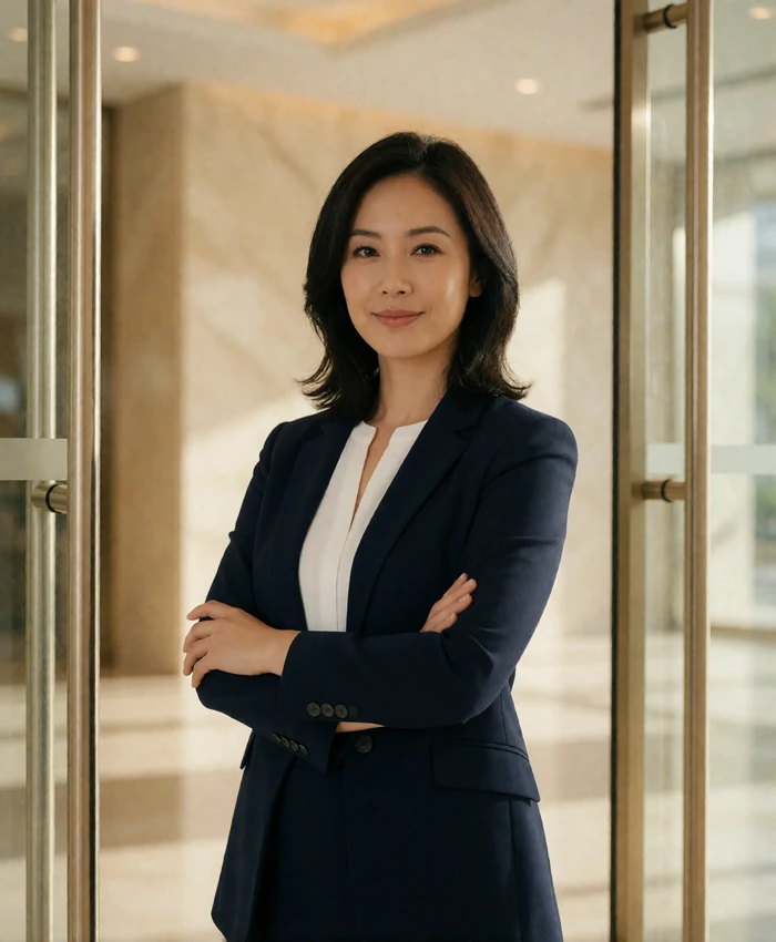 Poised Taiwanese woman in a modern glass-walled office lobby with a composed confident smile
