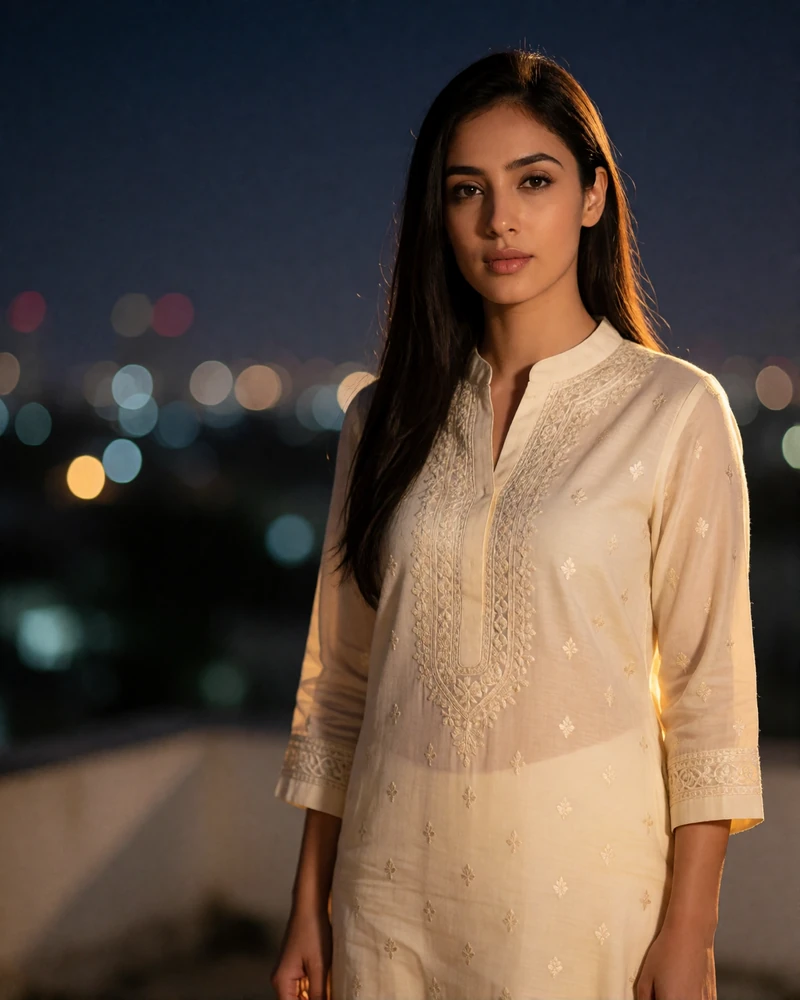 Confident Pakistani woman in a cream embroidered kurta on a rooftop terrace at dusk with city lights behind her