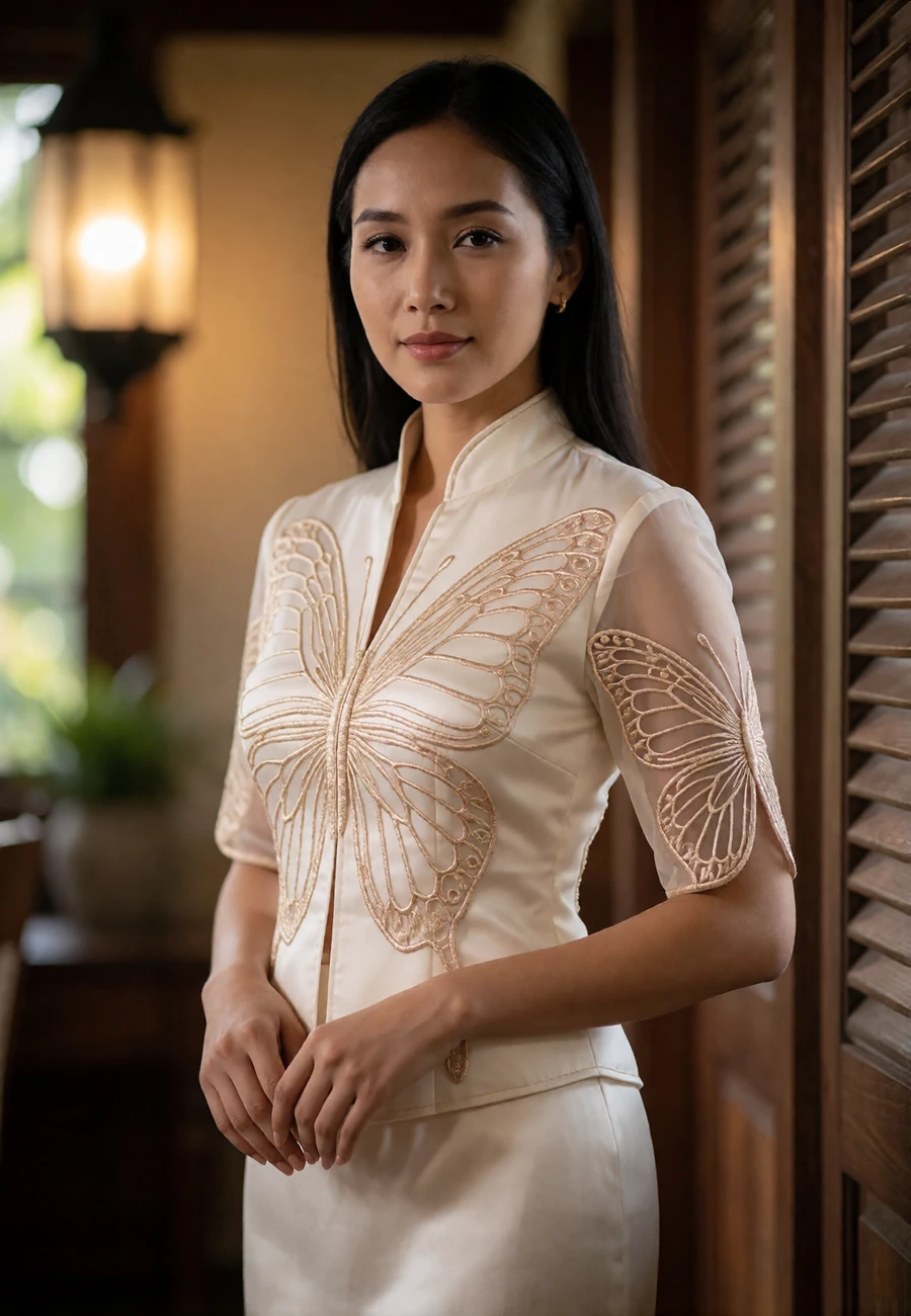Filipina woman in a modern ivory blouse with champagne threadwork standing in a warm interior with soft lantern light