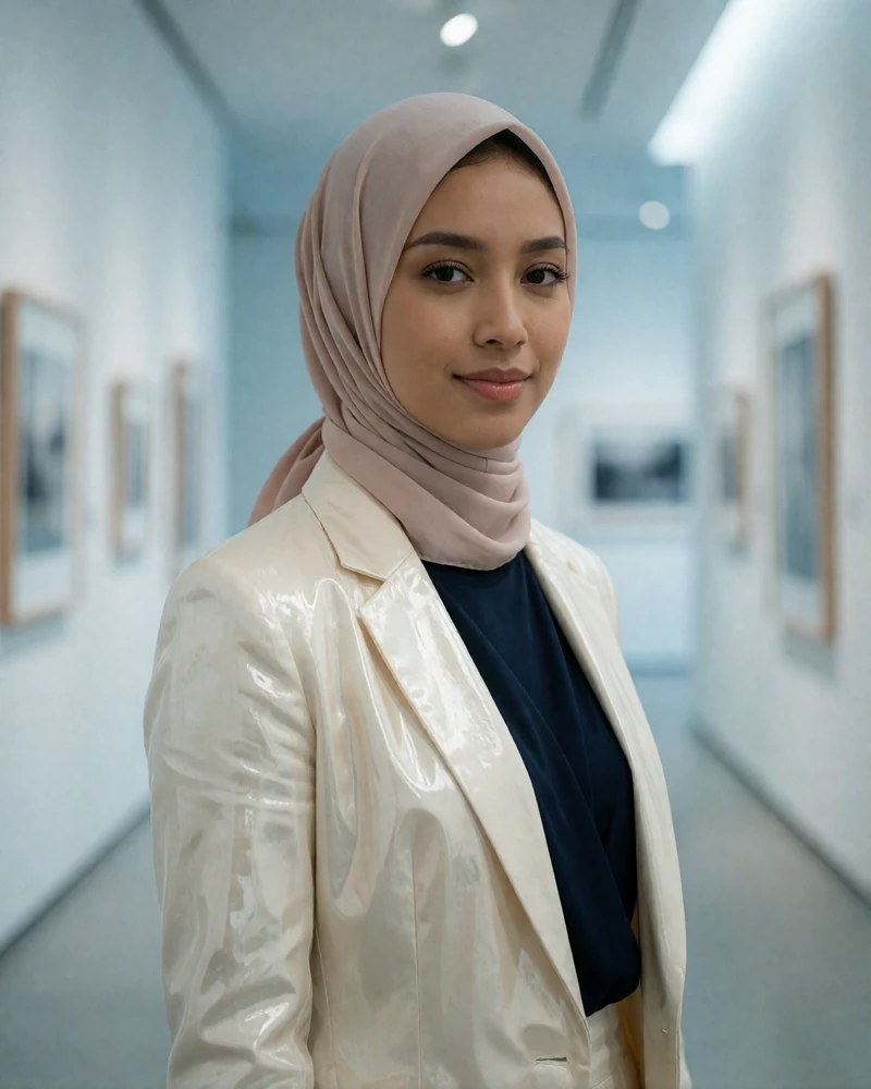 Singaporean Malay woman in a blush headscarf and cream blazer smiling in a modern gallery corridor