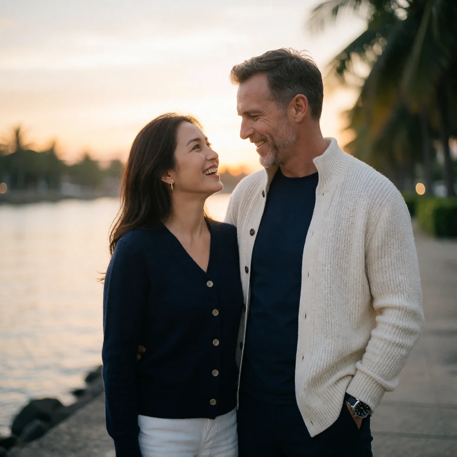 Thai woman and a Western man smiling at each other on a riverside walkway at sunset