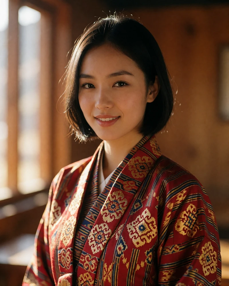 Young Bhutanese woman with a neat dark bob wearing a finely woven red and gold kira, smiling softly indoors