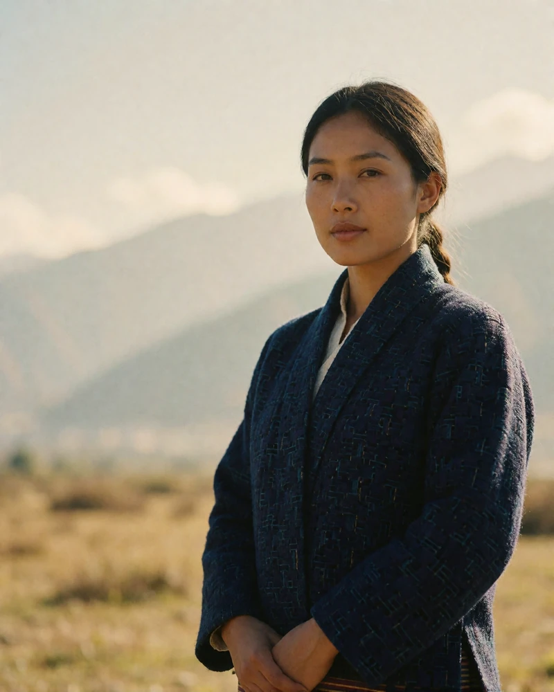 Bhutanese woman standing outdoors in a broad highland valley wearing a deep blue woven jacket
