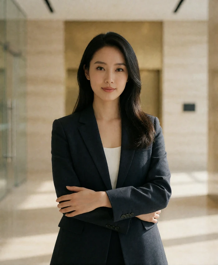 Poised Chinese woman in a modern minimalist office lobby wearing a charcoal blazer