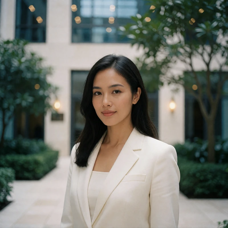 Professional Indonesian woman in her early thirties in a modern courtyard of pale stone and greenery with a confident calm smile