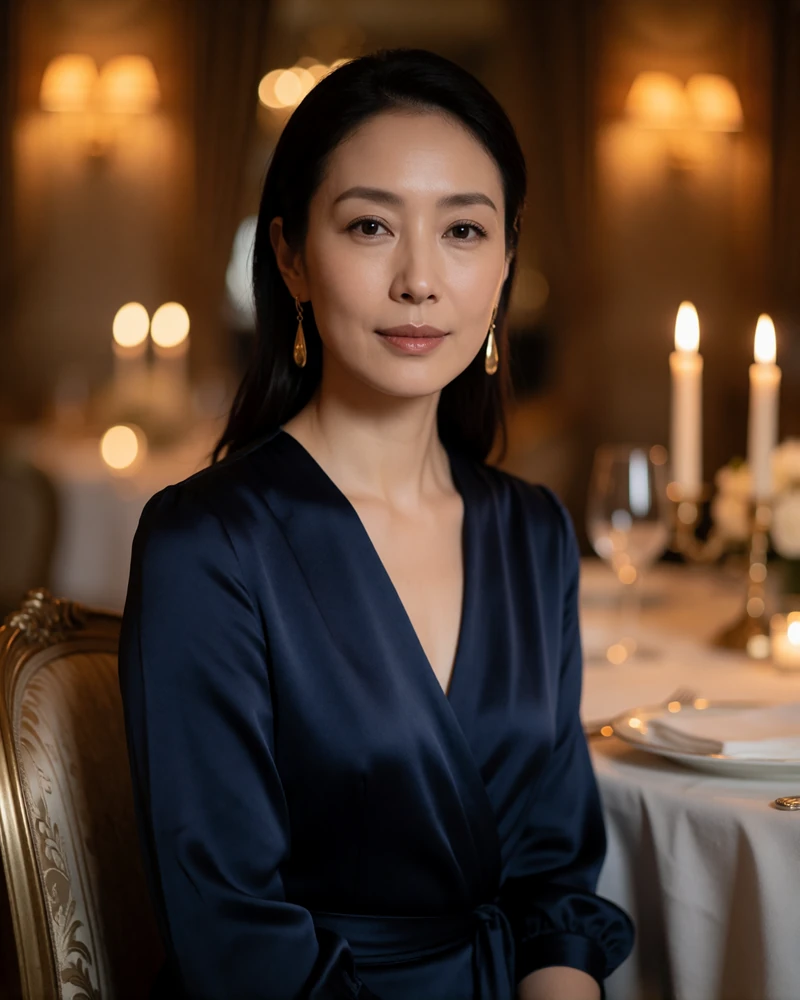 Elegant Japanese woman in a deep navy silk dress seated in a refined fine-dining room in Nagoya