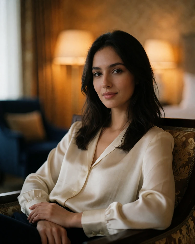 Turkmen woman seated in a softly lit lounge chair with a warm gentle smile toward the camera