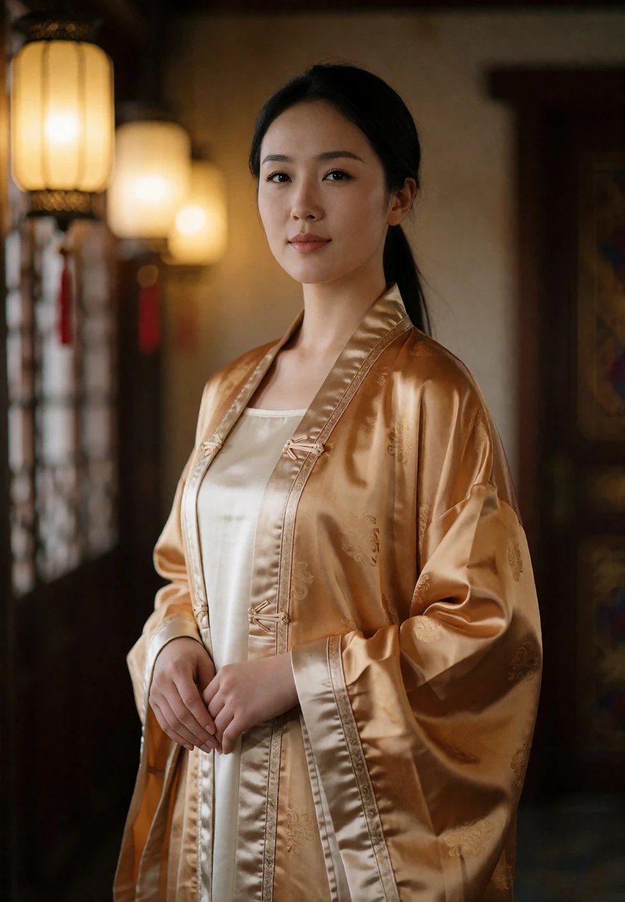 Mongolian woman in a modern amber silk robe with champagne trim standing in a warmly lit interior