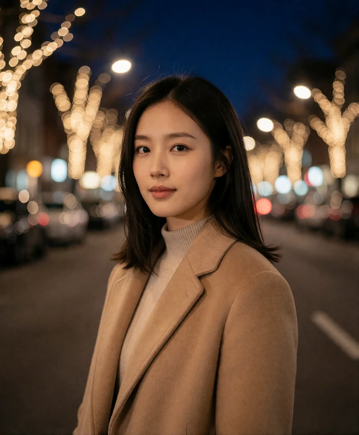 Young Korean woman with straight dark hair standing on a quiet Seoul street at blue hour with warm bokeh lights behind her