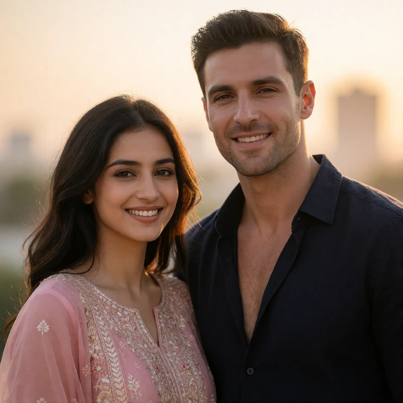 Pakistani woman in a soft pink embroidered outfit standing close beside a Western man at golden hour