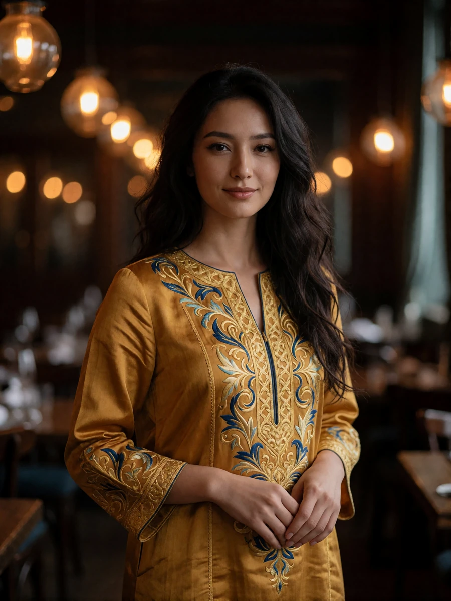 Elegant Kazakh woman in a mustard-gold embroidered tunic dress smiling warmly in a candlelit restaurant interior