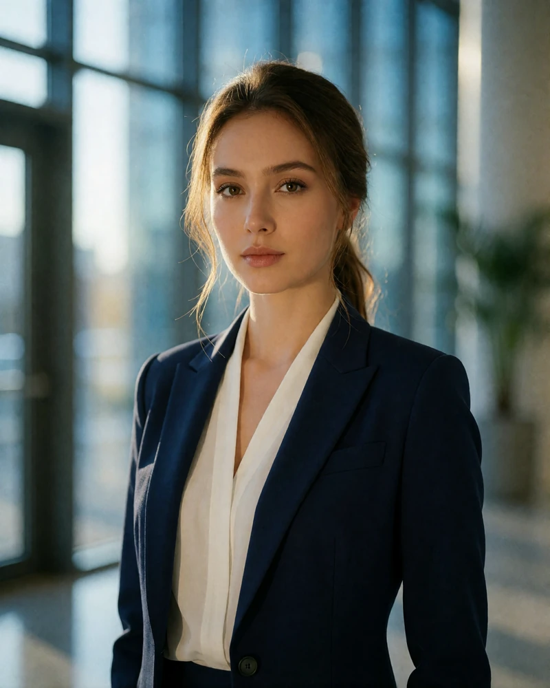 Poised Kazakh woman in a tailored navy blazer standing in a quiet modern office lobby