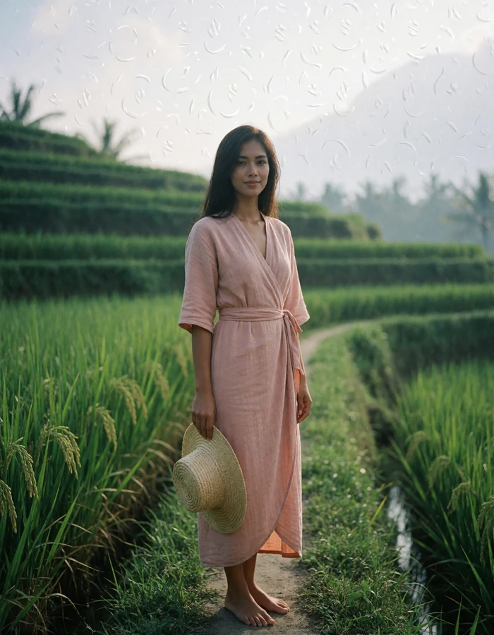 Indonesian woman in a sand-toned wrap dress standing on a path between emerald rice terraces