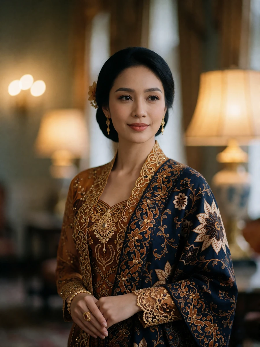 Graceful Indonesian woman in a formal embroidered amber kebaya and patterned batik wrap standing in a warmly lit hall
