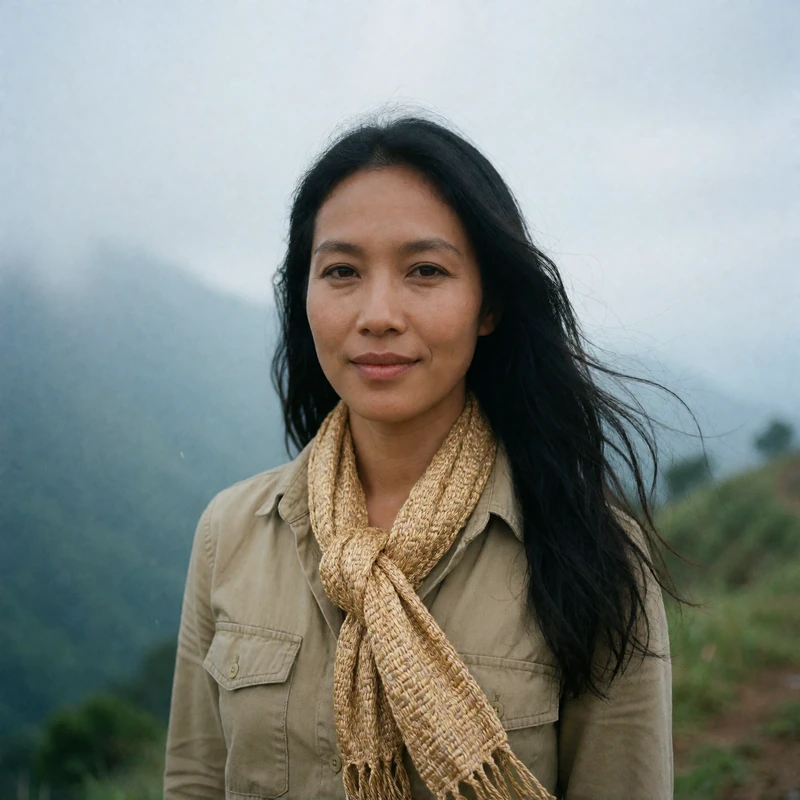 Lao woman standing on a hillside viewpoint with a light breeze and a confident quiet smile