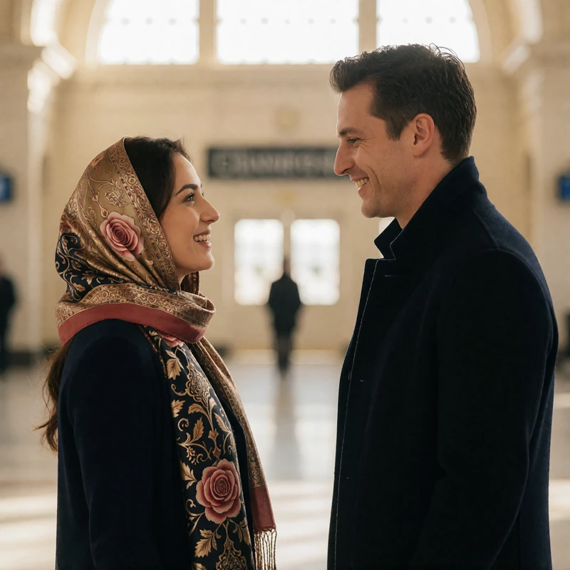 Afghan woman in a rose scarf greeting a Western man in a dark coat with joyful smiles in a bright airport terminal