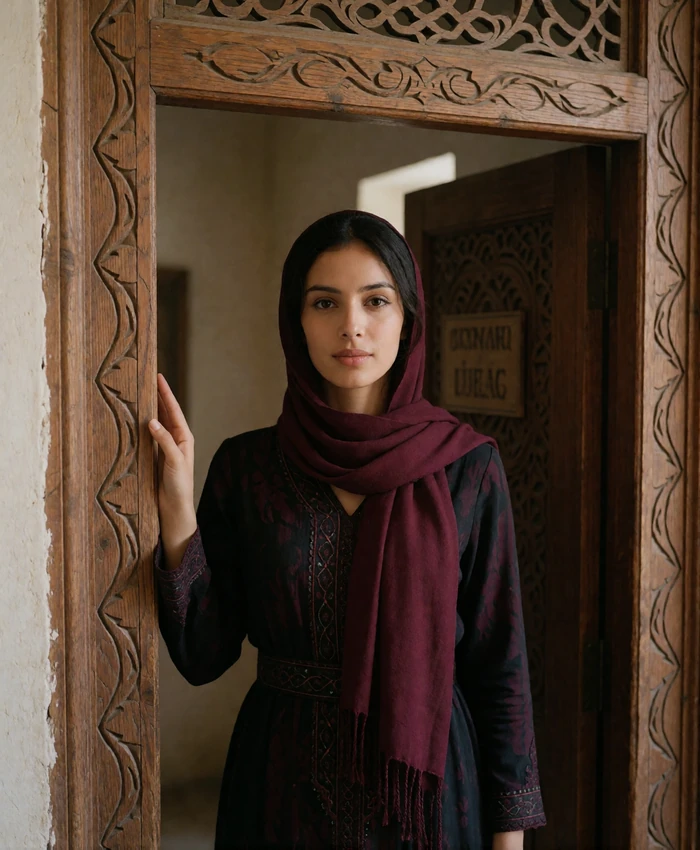 Graceful Yemeni woman in a burgundy scarf framed by a carved wooden doorway