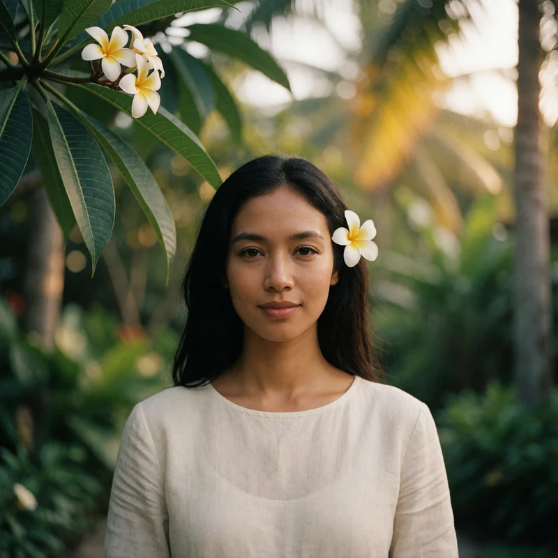 Balinese-Indonesian woman with a soft smile standing in a lush tropical resort garden with frangipani blossoms
