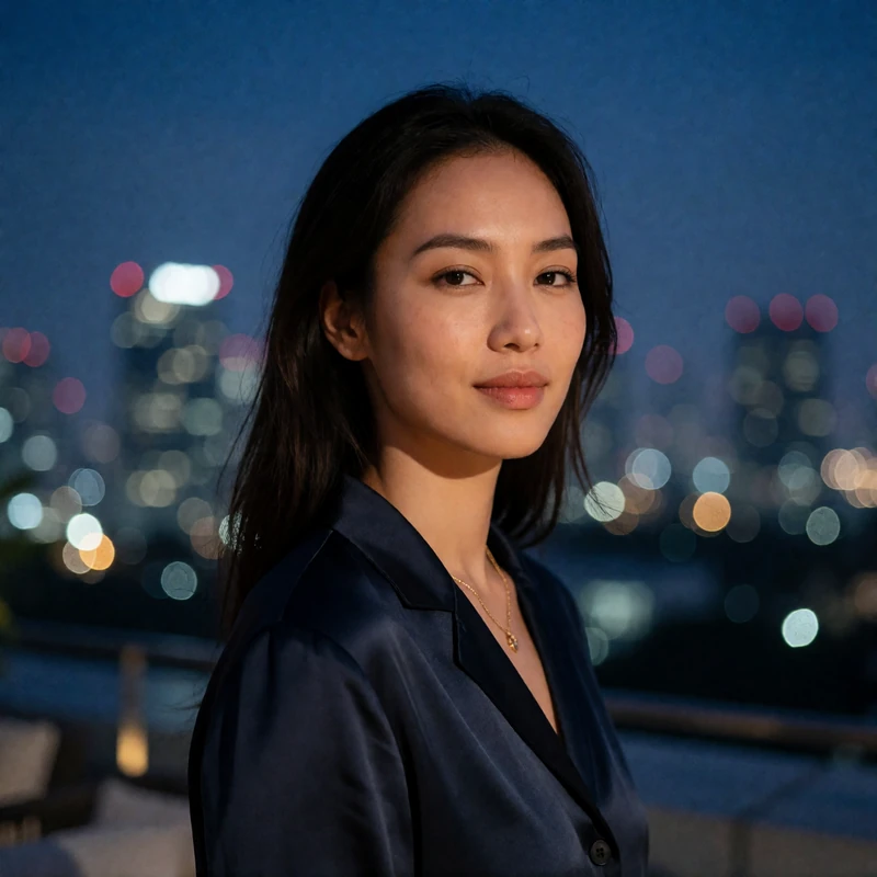Indonesian woman in her late twenties on a Jakarta rooftop lounge at blue hour with city lights softly blurred behind her