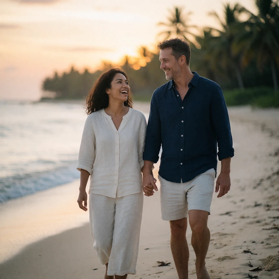 Indonesian woman and a Western man walking barefoot along a quiet beach at sunset, holding hands and laughing together