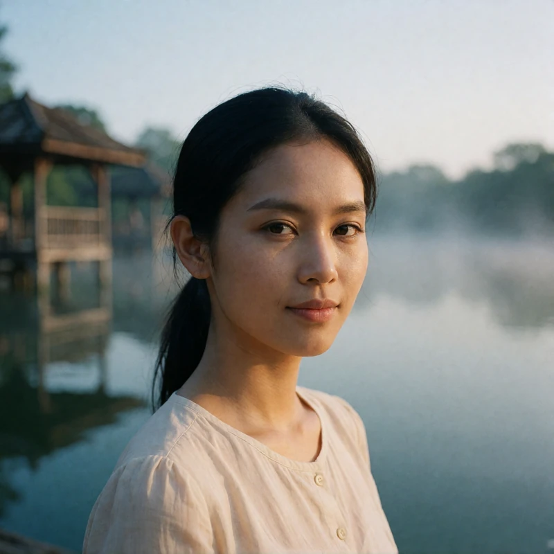 Burmese woman in her late twenties standing beside a calm lake at soft morning light with distant wooden pavilions